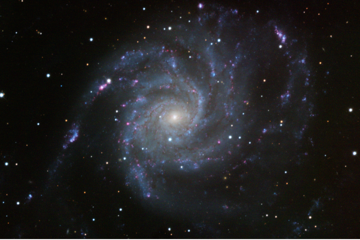 Messier 101 (Pinwheel Galaxy) in Ursa Major — mono LRGB + Hα stack from Plau am See