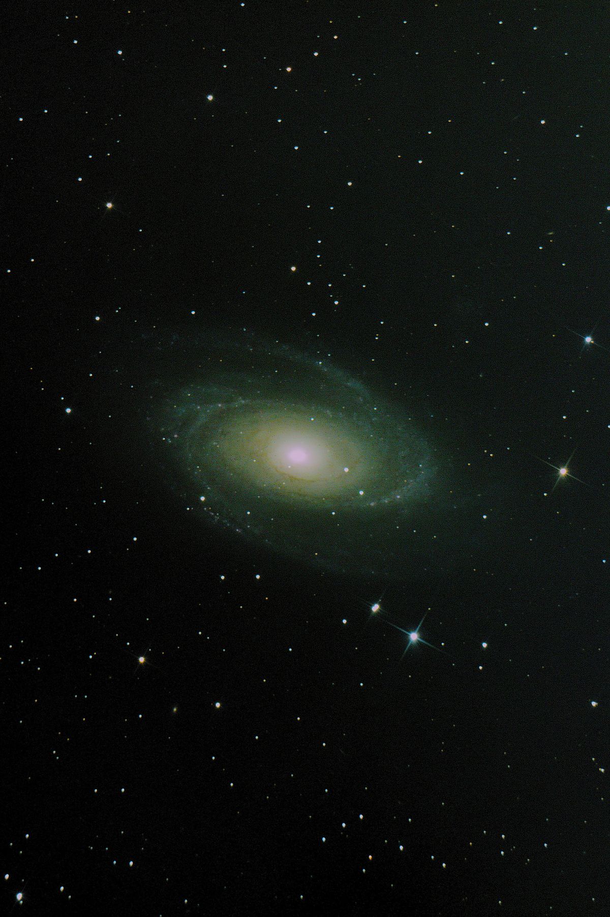 बोडे आकाशगंगा (M81) एक व्यापक क्षेत्र में, सर्पिल भुजाएँ और आसपास के तारे दिखाती हुई